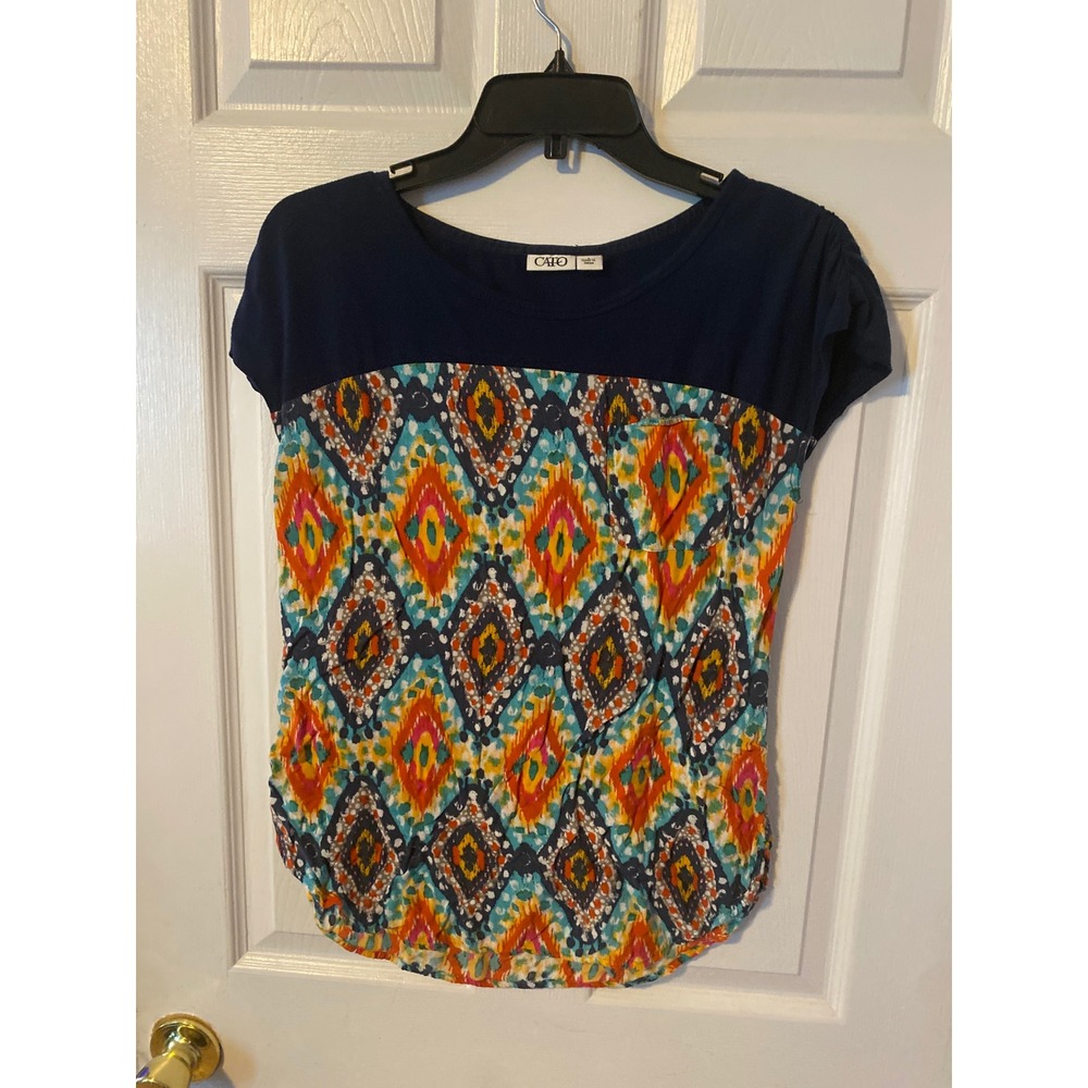 Cato Womens Small Navy Blue Ikat Diamond Print Short Sleeve Pocket Blouse Top